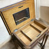 Antique wooden work table, inlaid top and interior mirror.
