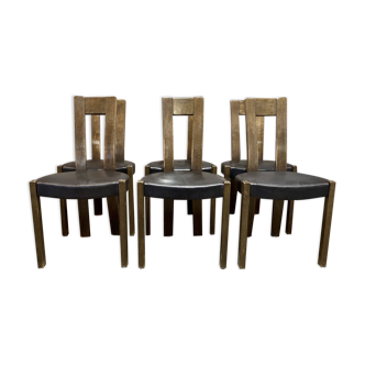 Set of 6 Scandinavian design black leather chairs