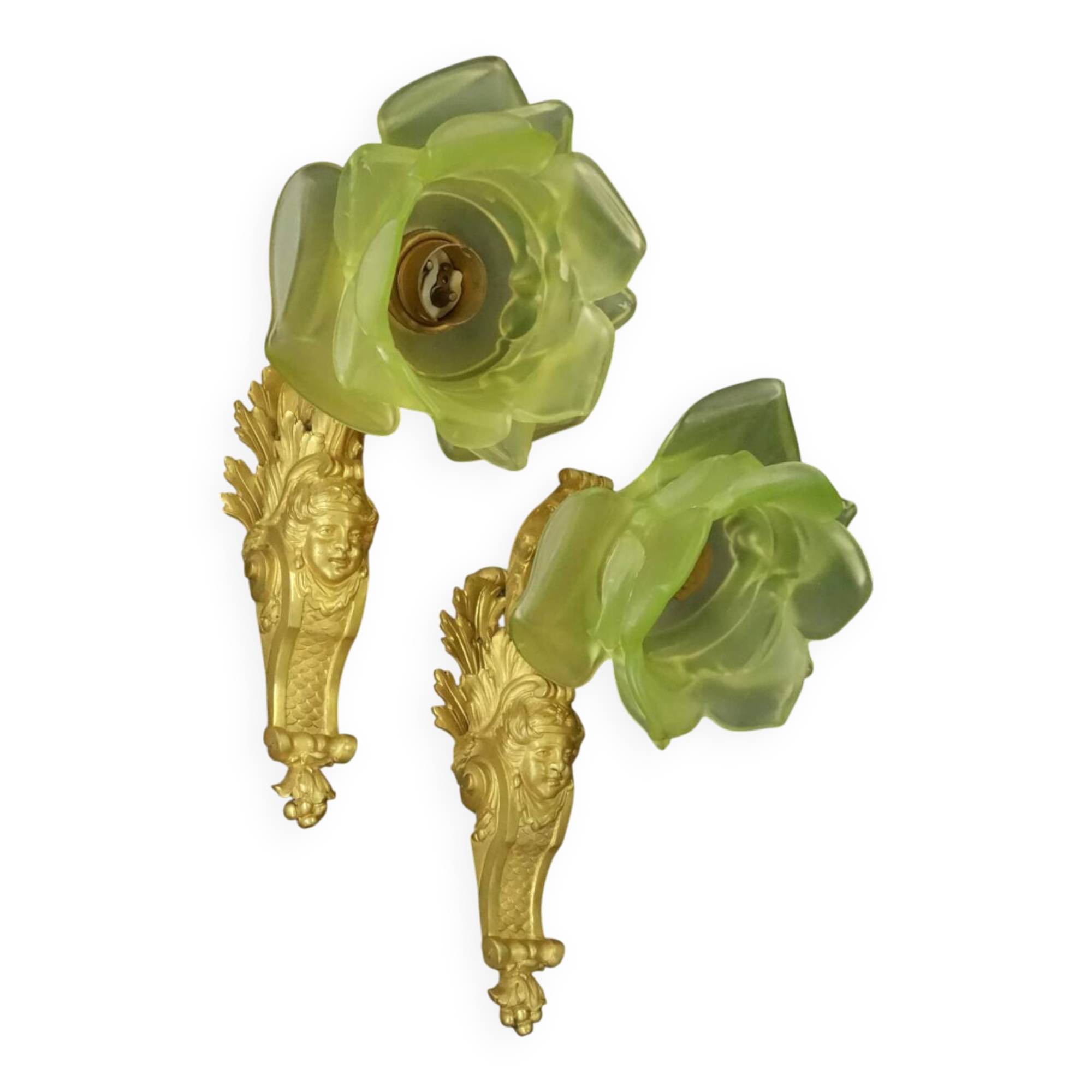 Pair of 19th century Louis XV style wall lights - bronze & green tulips