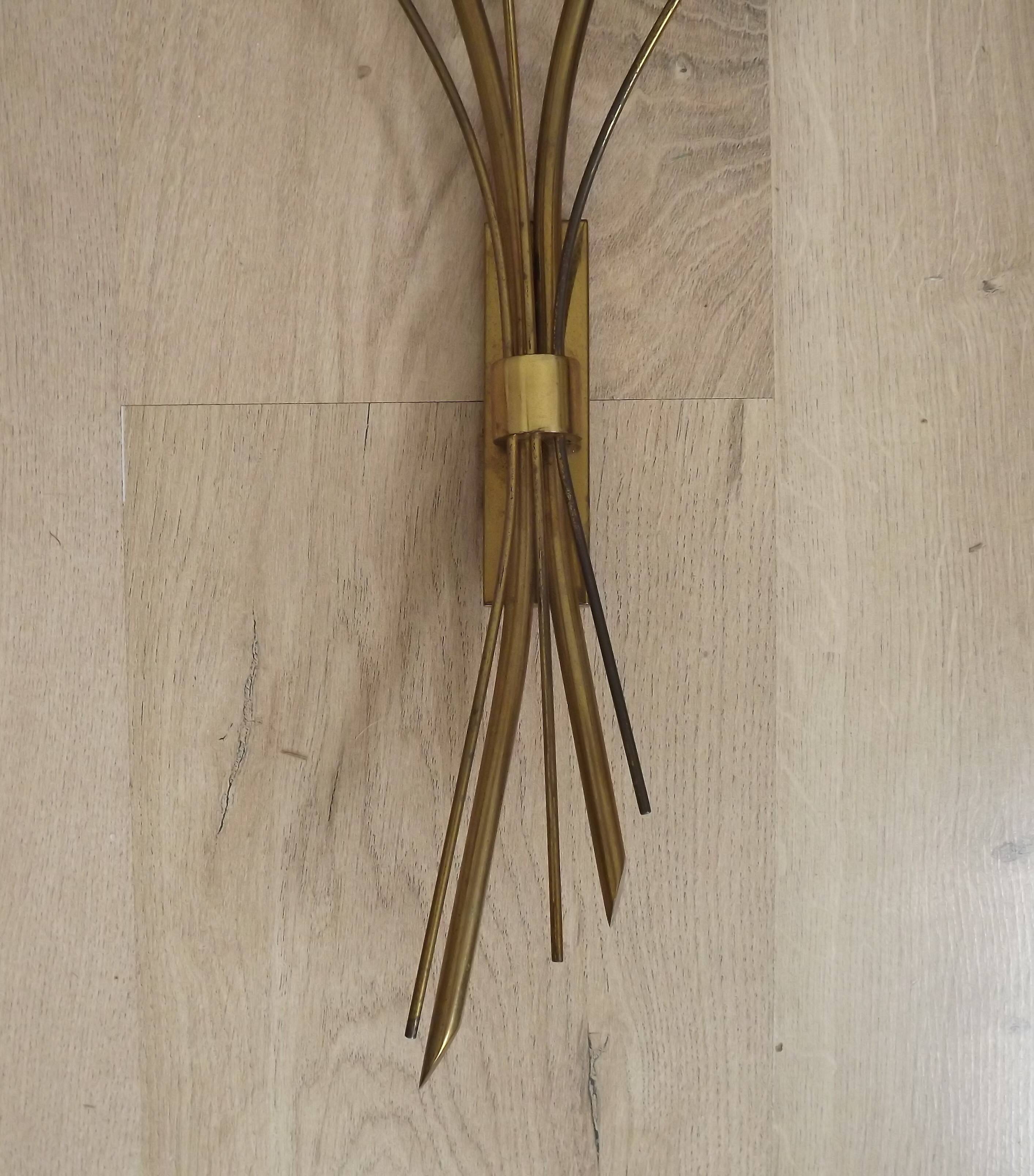 Mid-Century French Brass Sconces • Bullrush Design • Opaque Glass Shades