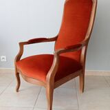 Walnut and velvet voltaire armchair