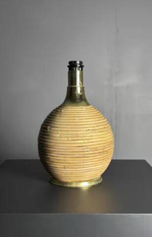 Large midcentury pencil reed rattan bamboo mushroom table lamp, 1970s