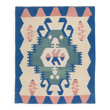 1970s Vintage Turkish Hand-Knotted Wool Cotton Beige Small Rug 92x113