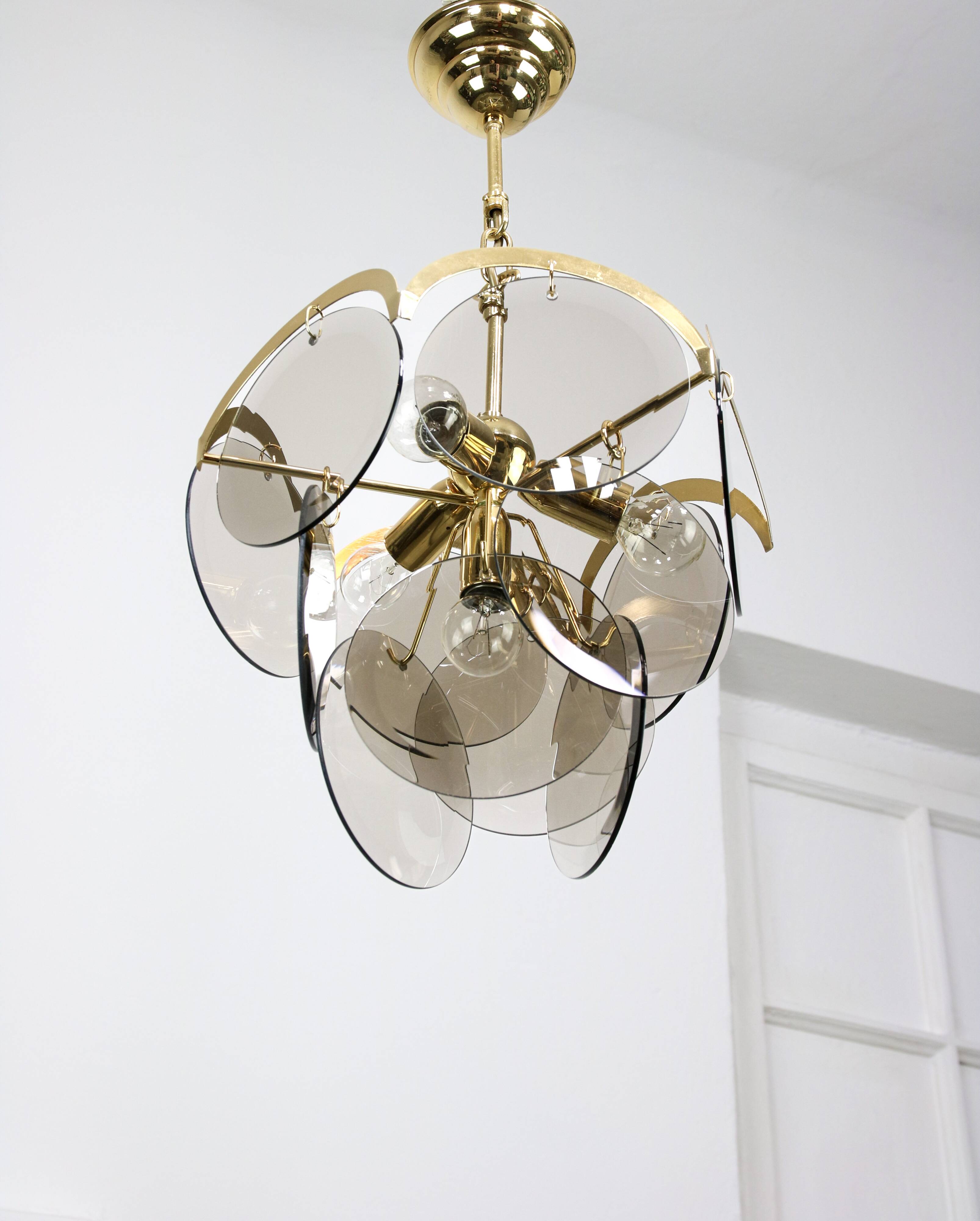 Vintage Vistosi Chandelier: Gold & Smoked Glass, Italian Mid-Century Lighti