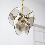 Vintage Vistosi Chandelier: Gold & Smoked Glass, Italian Mid-Century Lighti