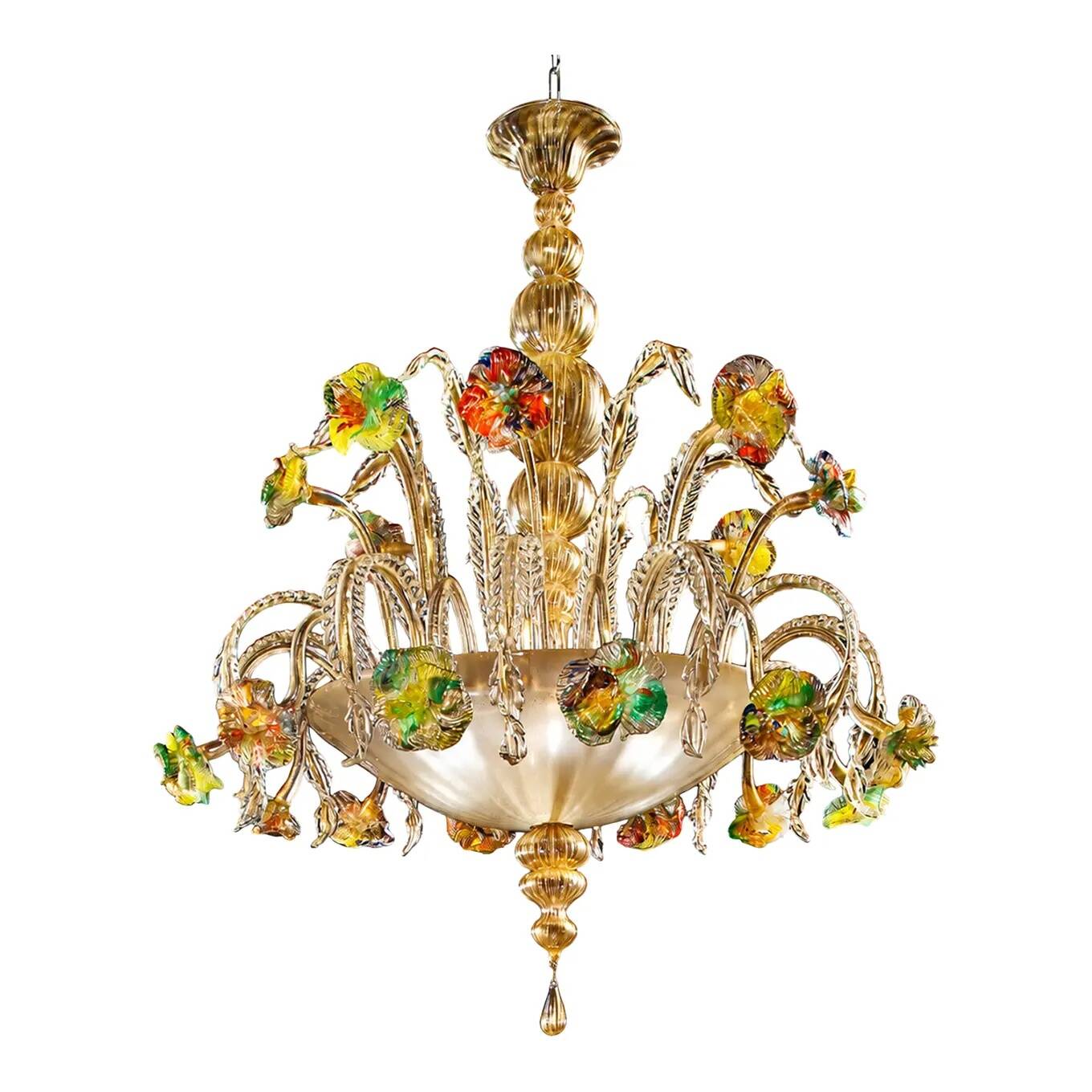 Contemporary Lively Transparent and Gold Floral Chandelier in Murano Glass