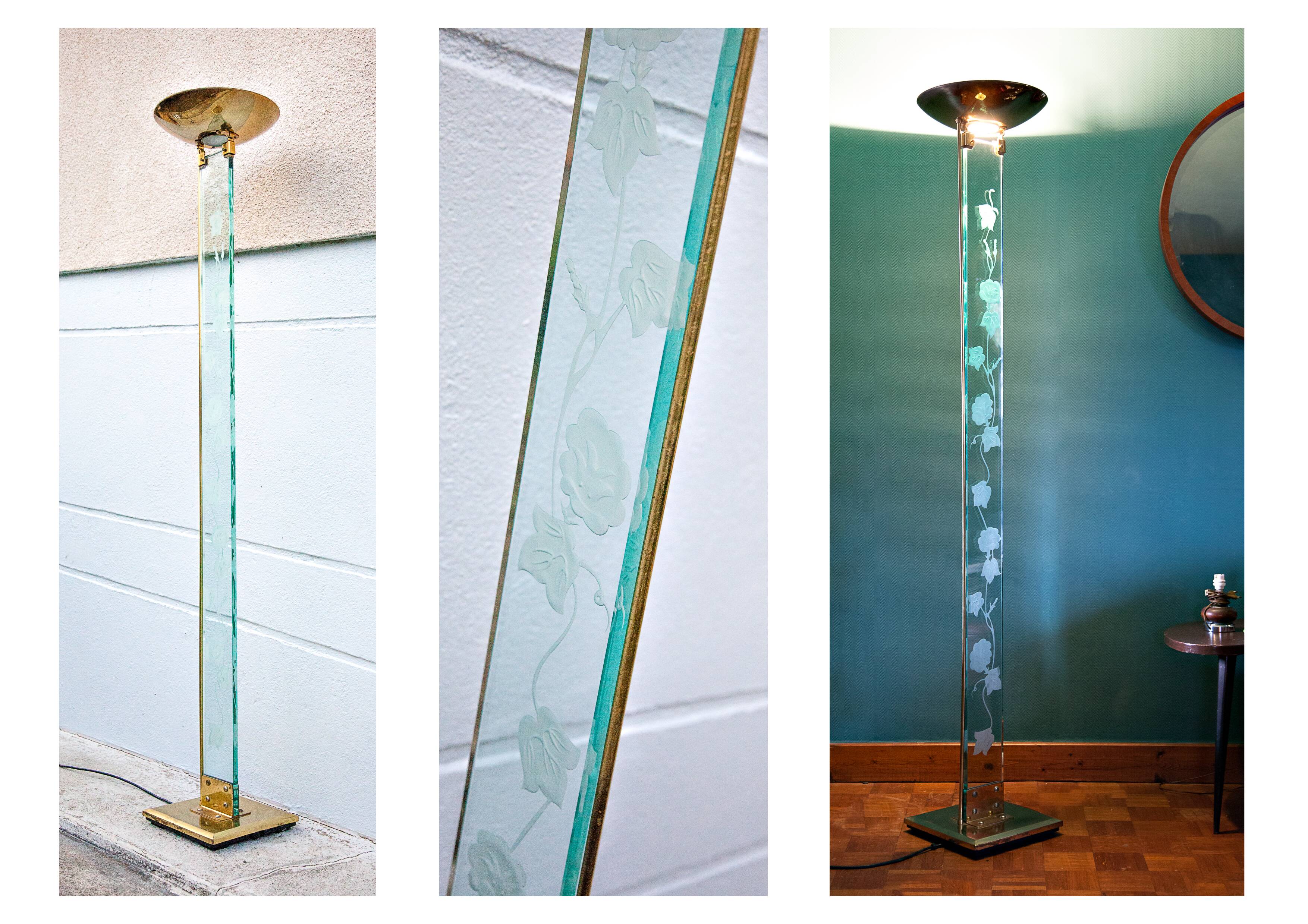 Floor lamp, brass halogen and engraved glass, attributed to Max Baguara, design lamp, 80's