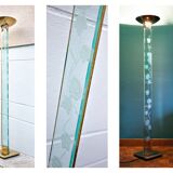 Floor lamp, brass halogen and engraved glass, attributed to Max Baguara, design lamp, 80's