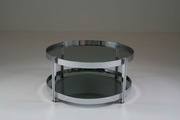 Table basse ronde en métal chromé et plateaux en verre fumé, France 1970s