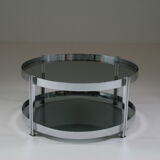 Round chrome-plated metal coffee table and smoked glass tops, France 1970s