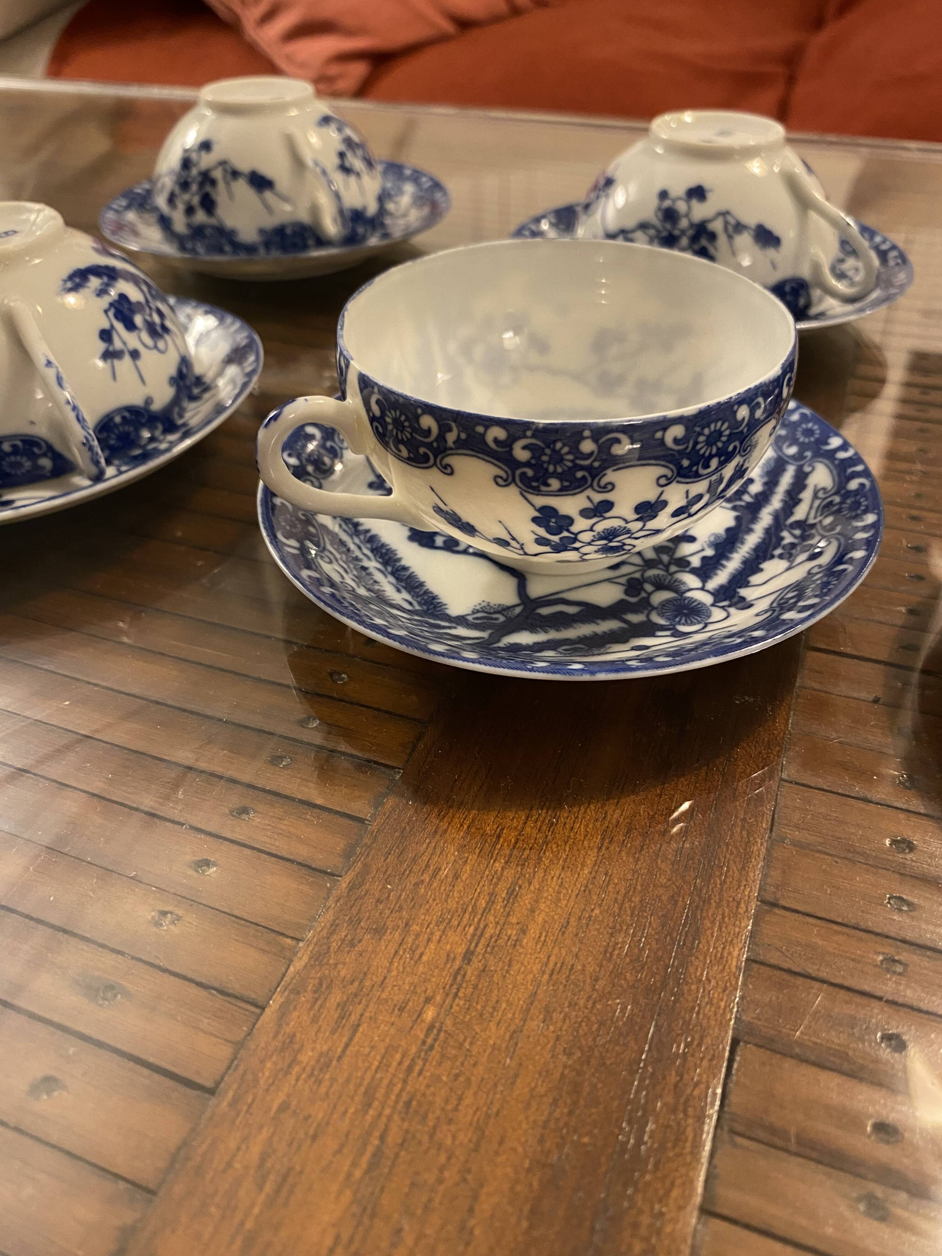 Japanese tea set cherry blossom blue fine porcelain