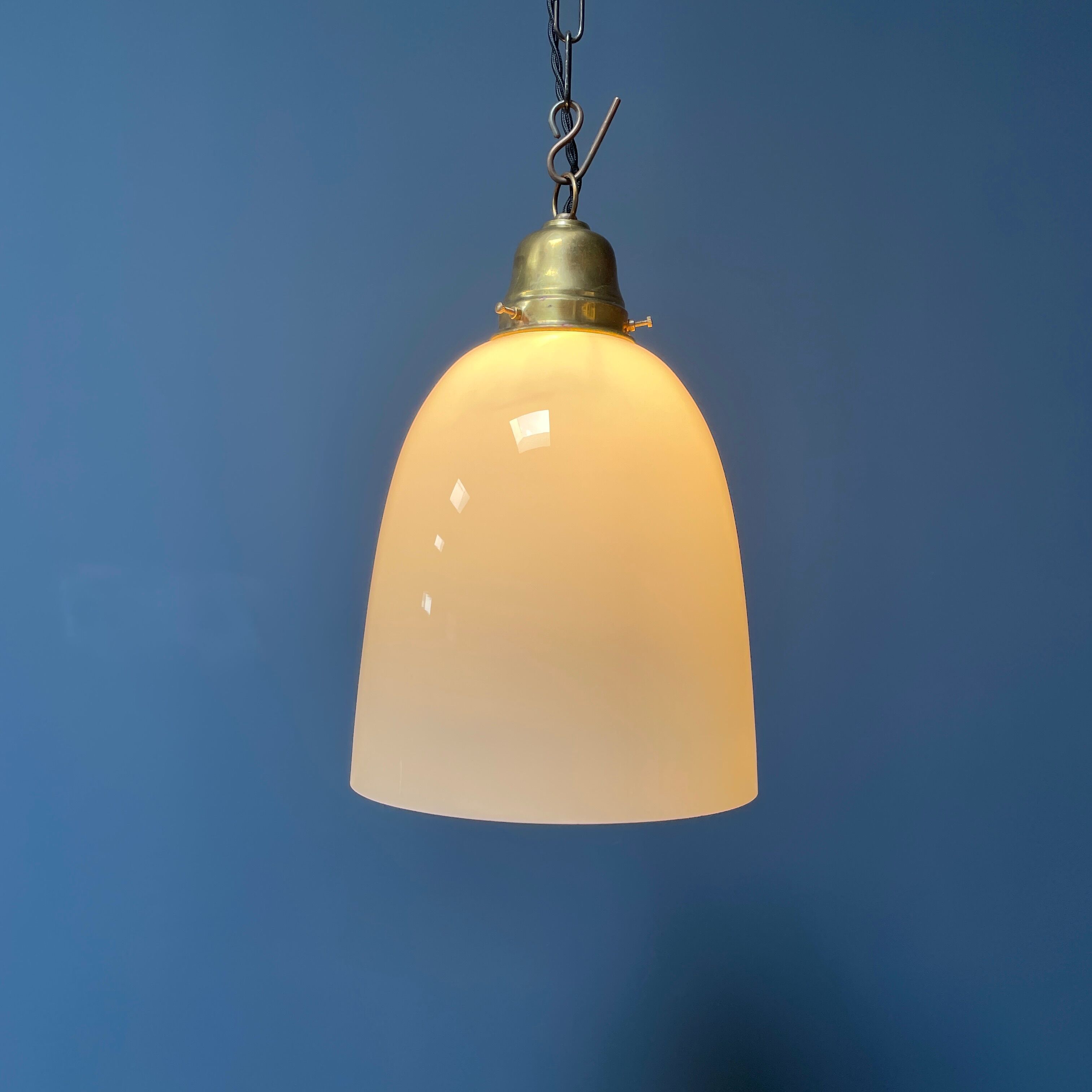 High opaline glass pendant lamp with brass fixture