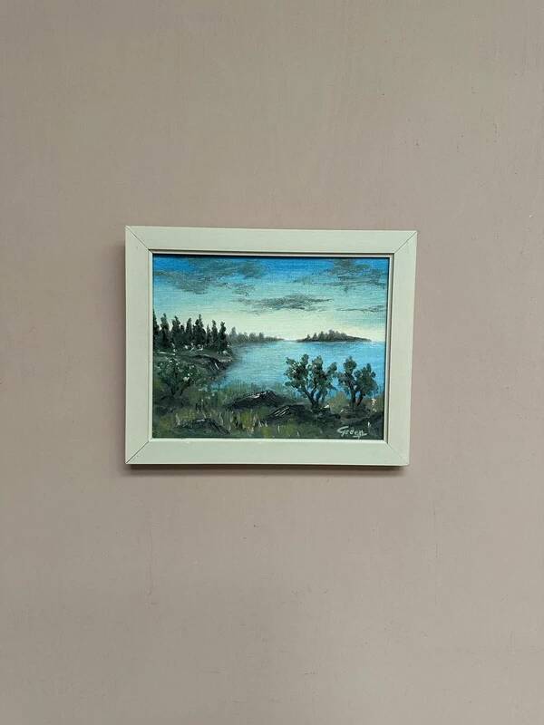 Swedish oil on canvas “Lakeside” attributed to Kulo Green, vintage & framed 29×24cm