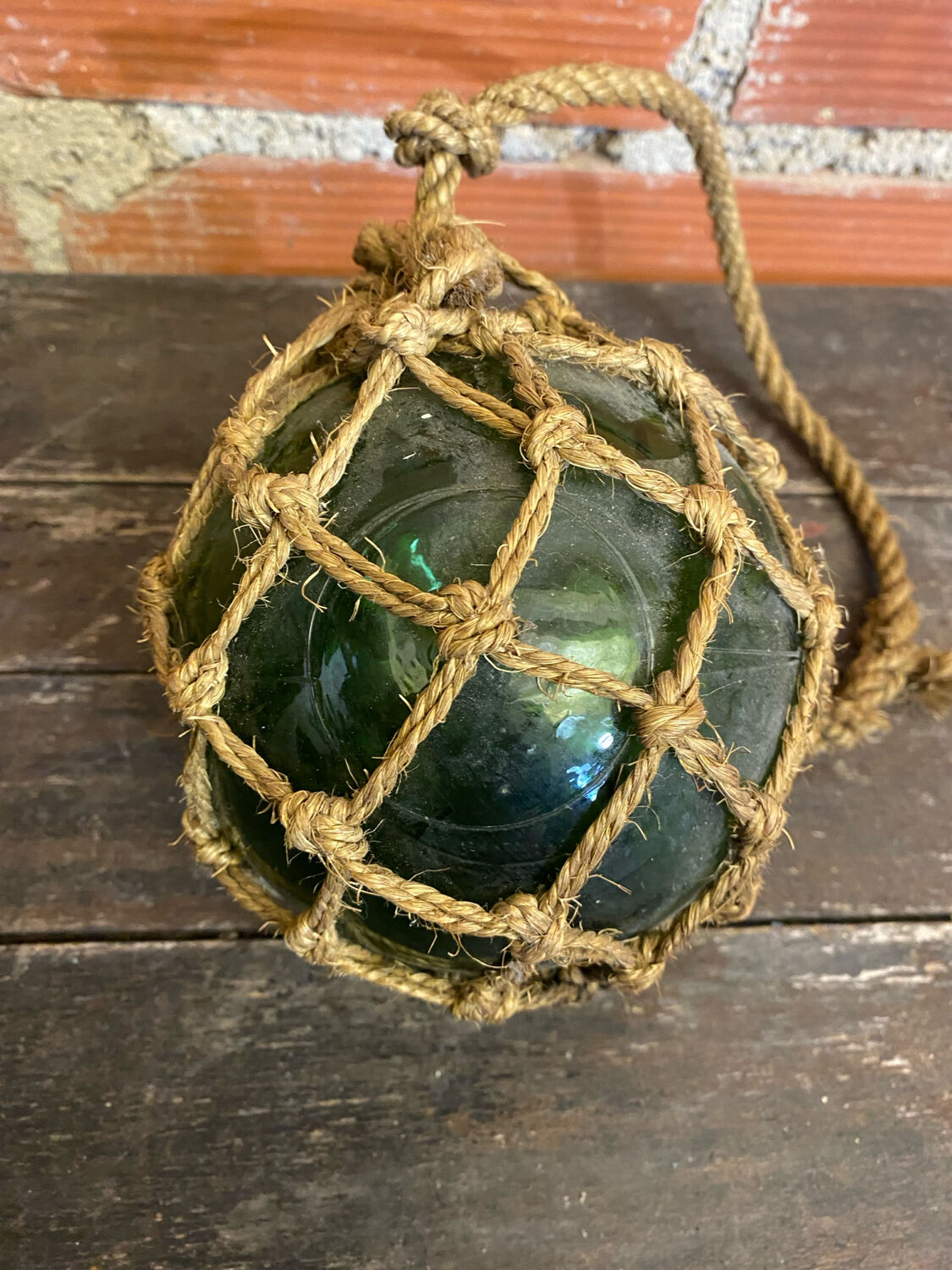 Old Fishing Floater Marine Glass + Vintage Net Rope #D6