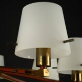 Mid-Century 8 arms Stilnovo chandelier in opaline, brass and red lacquer.