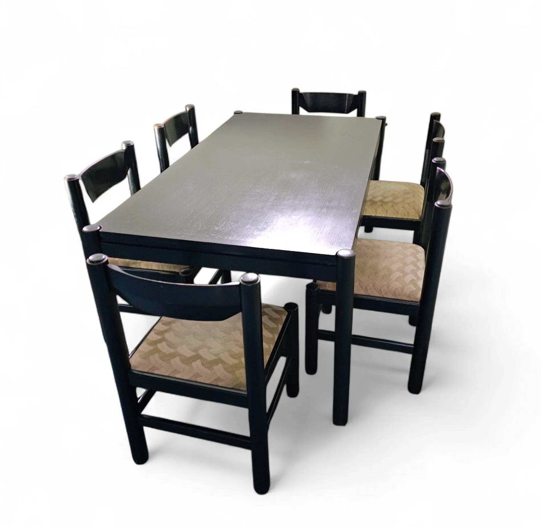 Rare dining set / Italy / 1970s / solid black painted wood / 6 x chair / matching table