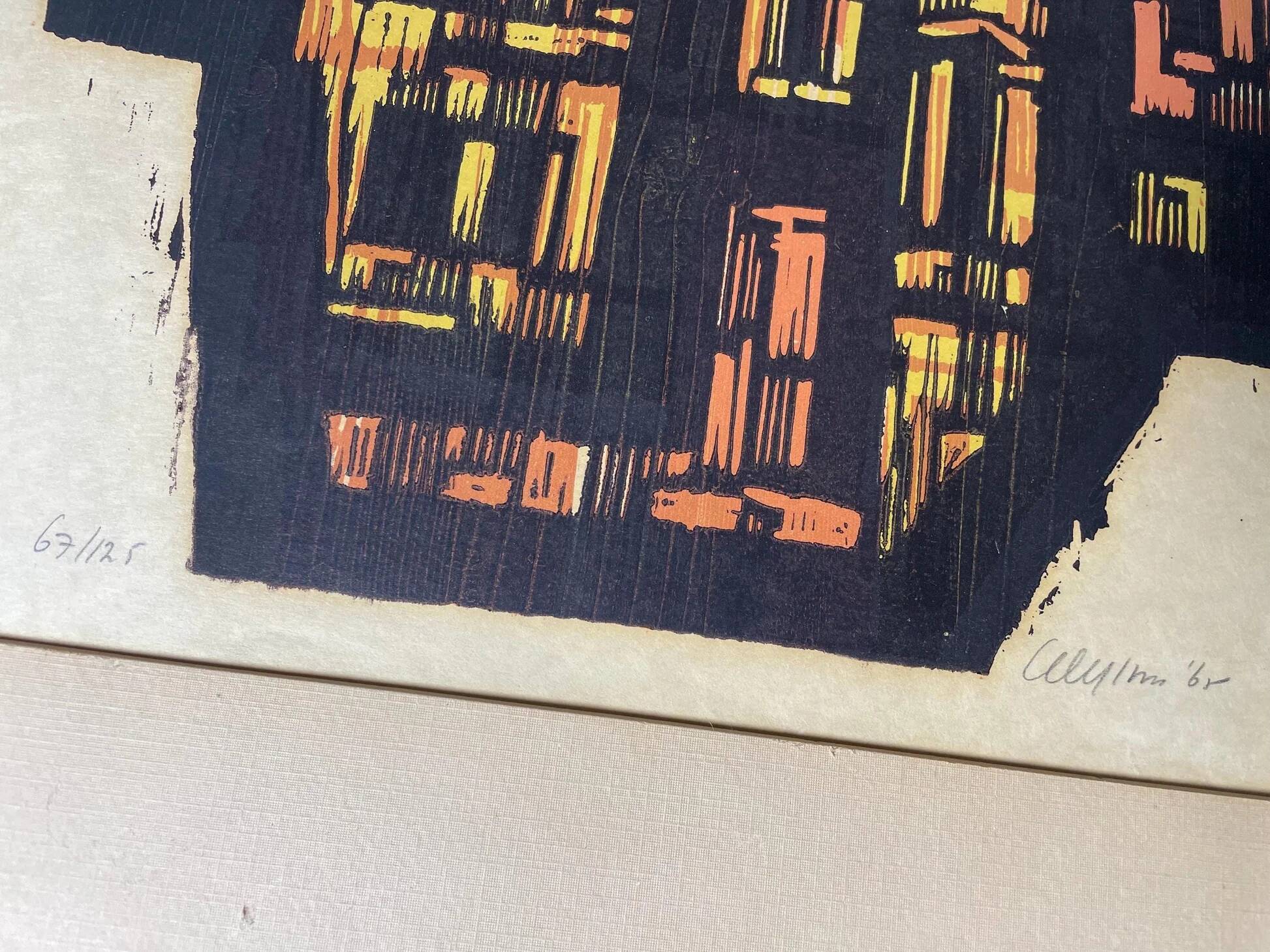 Lithographie de paysage urbain signée au crayon par Akke Sins, vintage des années 1960.