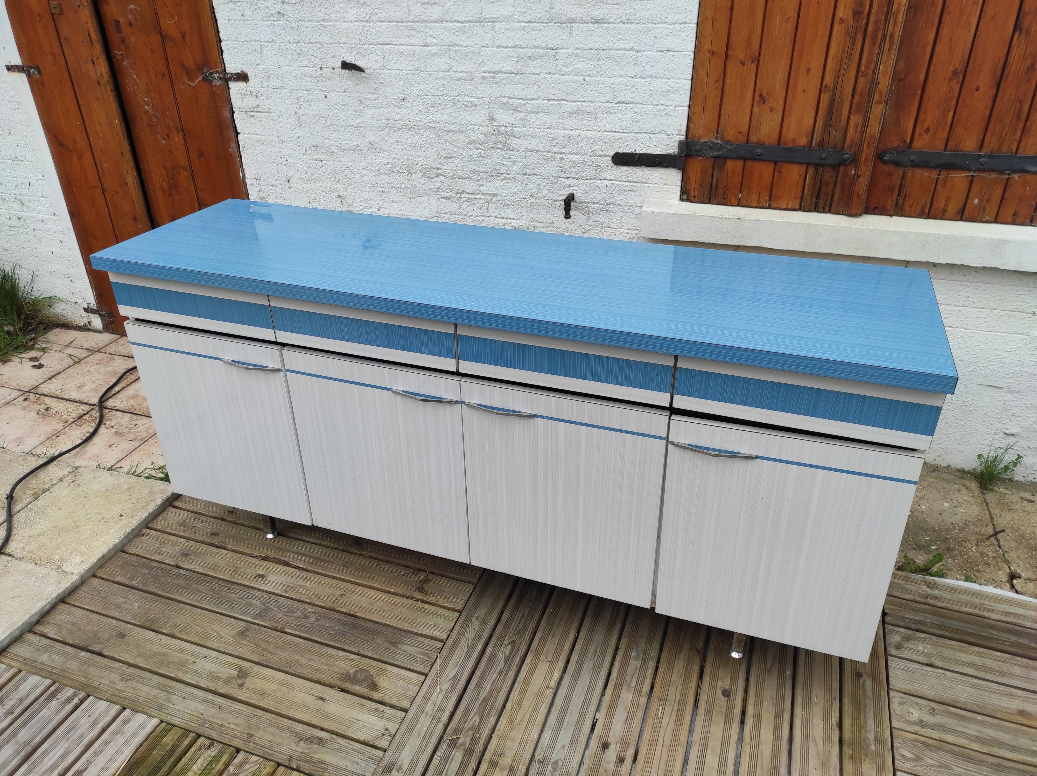 Kitchen cabinet in blue formica 4 doors 4 drawers