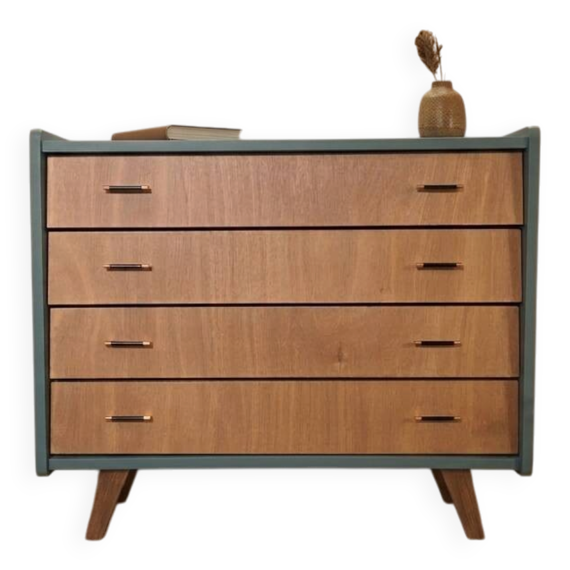 Commode vintage années 60 – restaurée – vert cactus & bois naturel