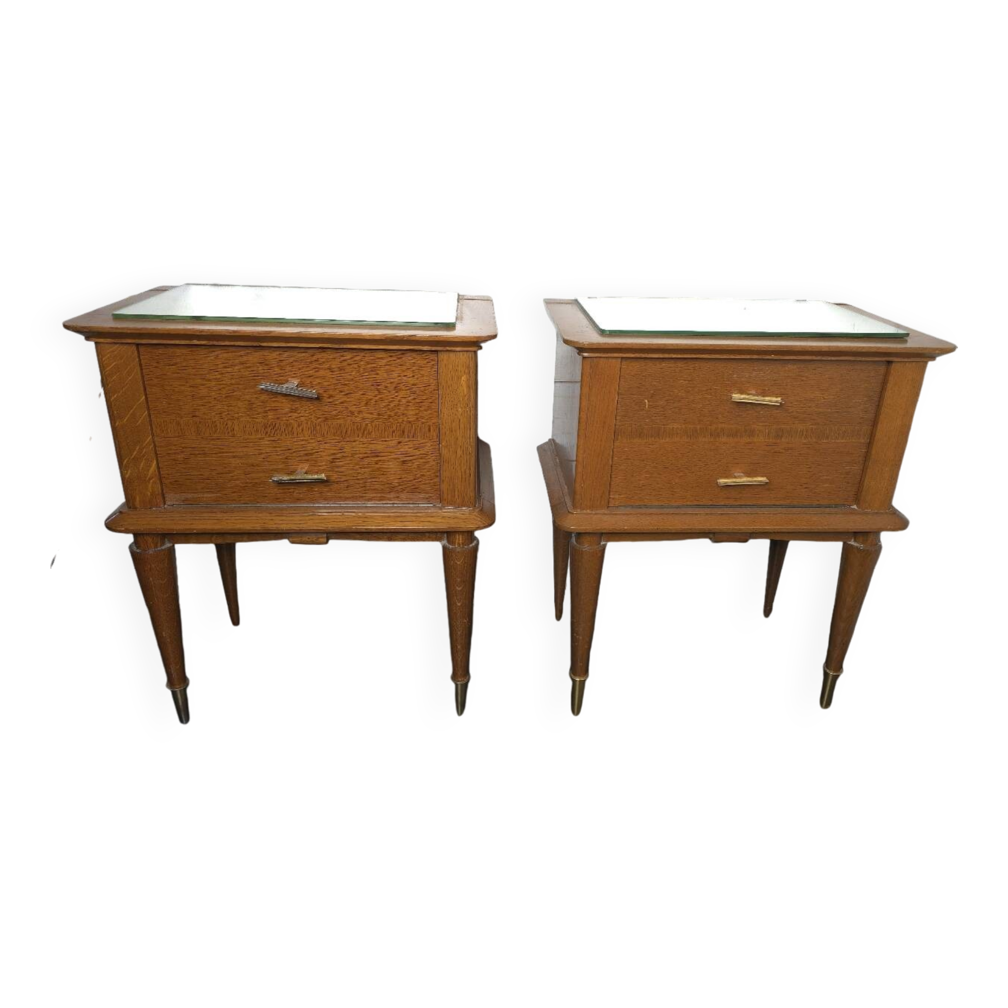 Pair of vintage oak bedside tables with mirror top
