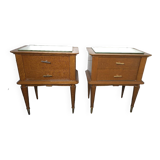 Paire de tables de chevet vintage en chêne et miroir