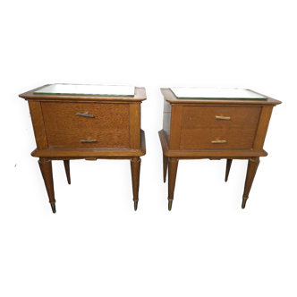 Paire de tables de chevet vintage en chêne et miroir