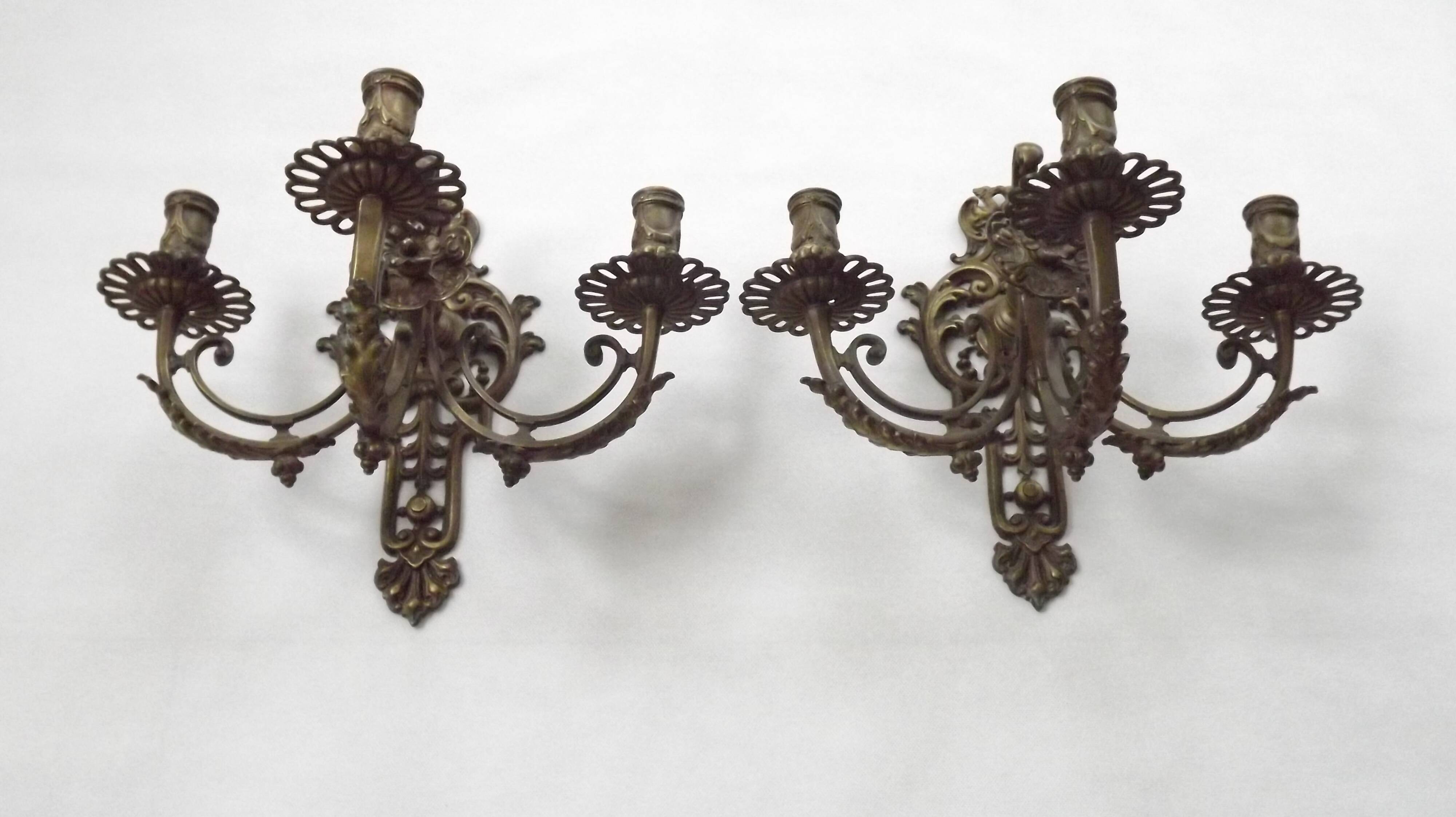 Pair of Heavy Victorian Bronze Triple Wall Sconces Griffin & Flower Detail