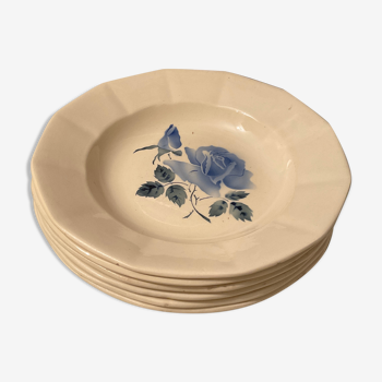 6 hollow plates, art deco decorated with blue roses digoin sarreguemines