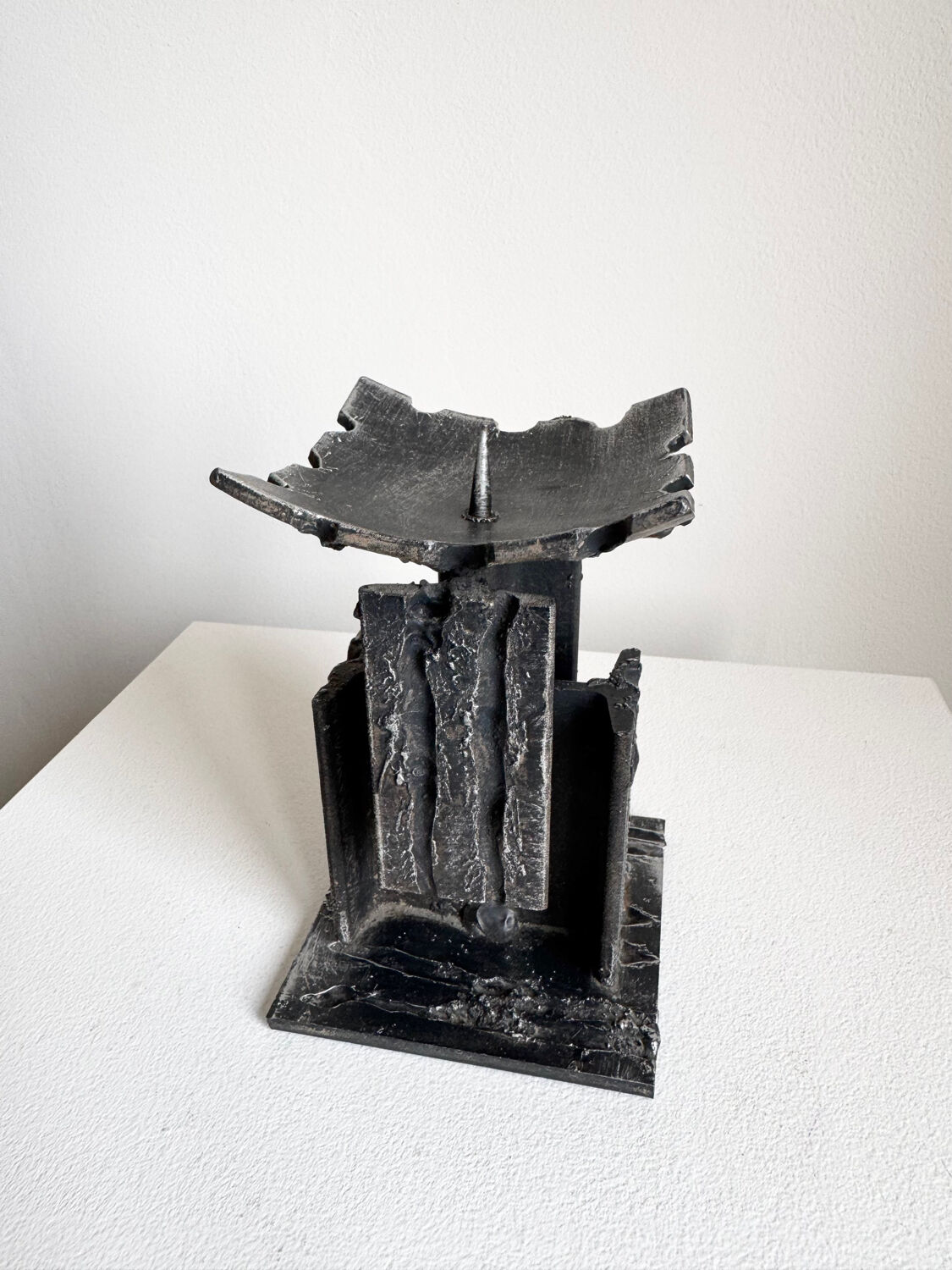 Vintage Brutalist Heavy Sculpture Wrought Iron Candle Holder