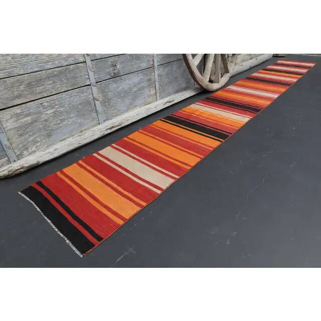 1970s Vintage Turkish Oushak Handmade Wool Cotton Orange Runner Rug 57x445