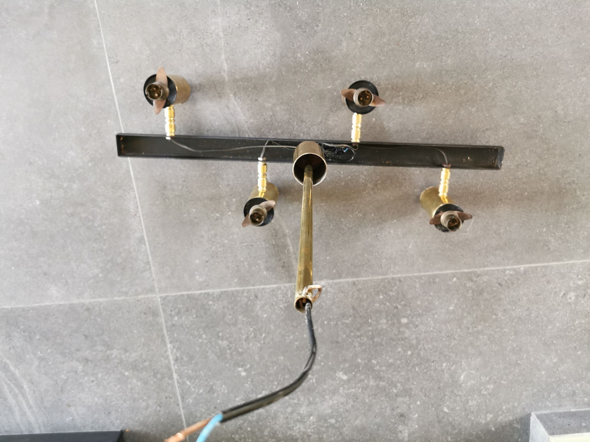 Vintage metal painted chandelier, brass and glass.