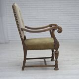 Fauteuil danois à dossier haut des années 1950, en laine tissée à la main, velours, bois de chêne sculpté.