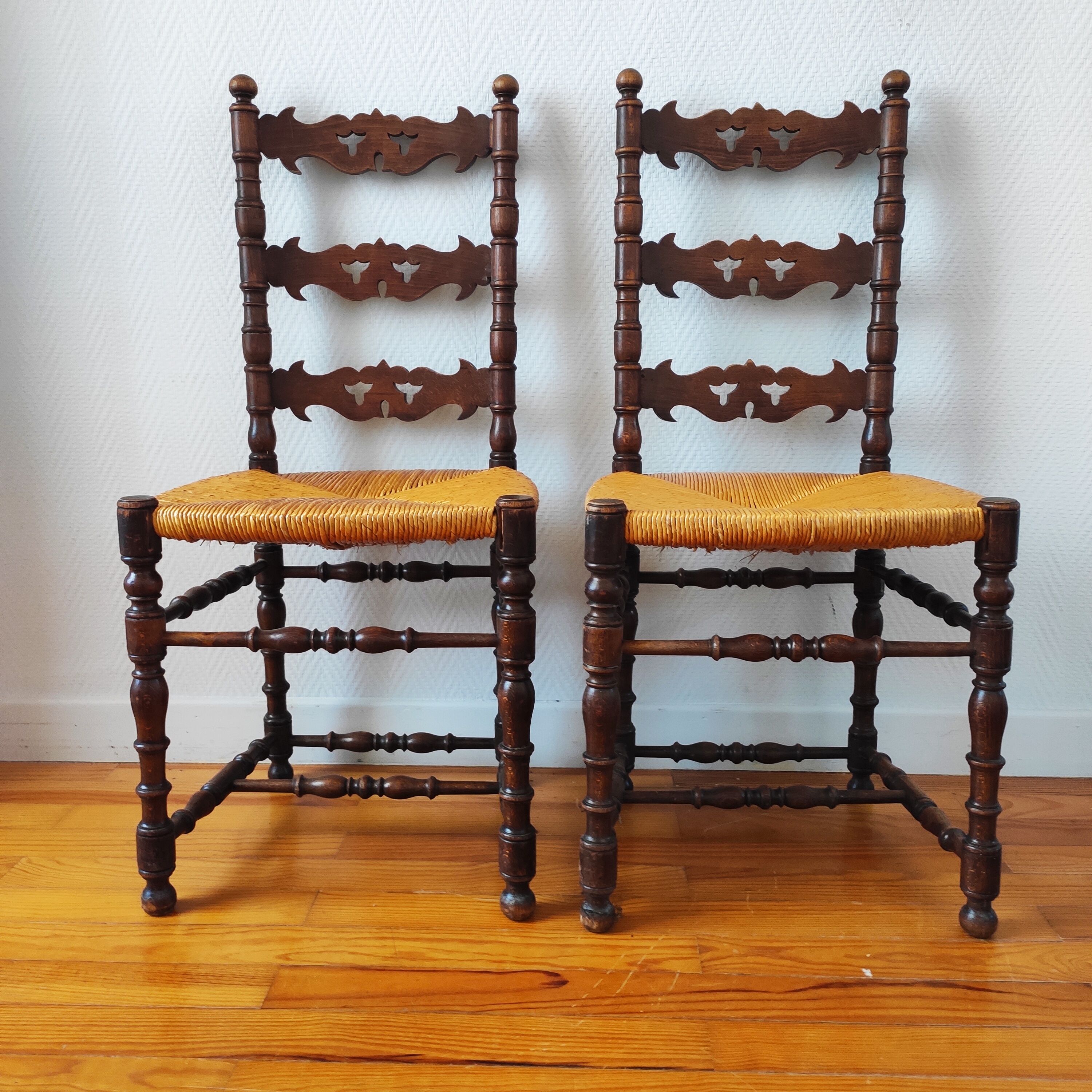 Pair of old turned wood chairs