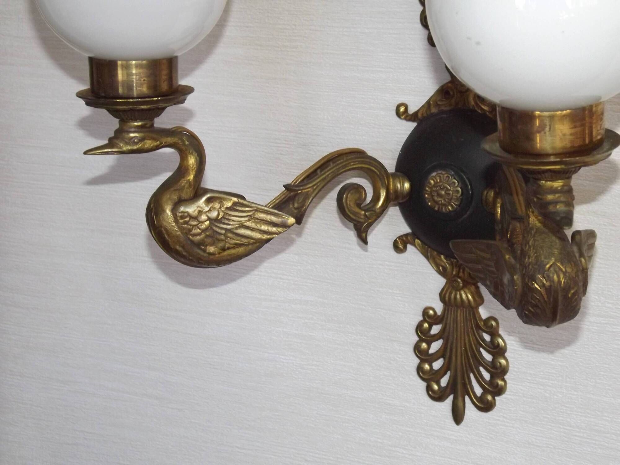 Pair Of Lucien Gau Style Double Swan Wall Lights With Opaque Glass Shades