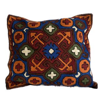 Hand embroidered ethnic wool cushion cover 40x40 cm