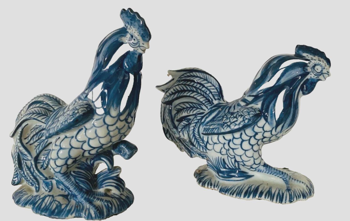 Pair of ceramic roosters in blue camaieu 20th century