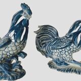 Pair of ceramic roosters in blue camaieu 20th century