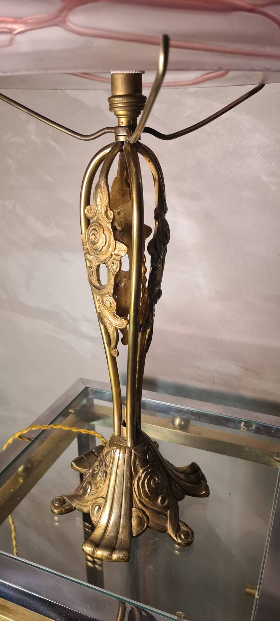 Austrian Art Nouveau bronze lamp with Loetz style art glass shade