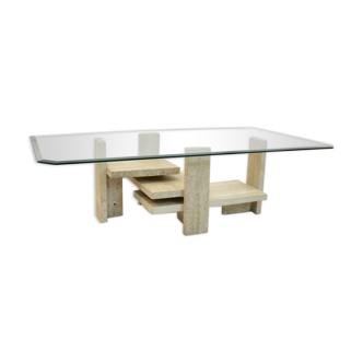 Table basse sculpturale Willy Ballez travertin et cubiste en verre