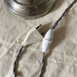 Antique jeweller's lamp, silver-plated base, frosted pink glass shade.