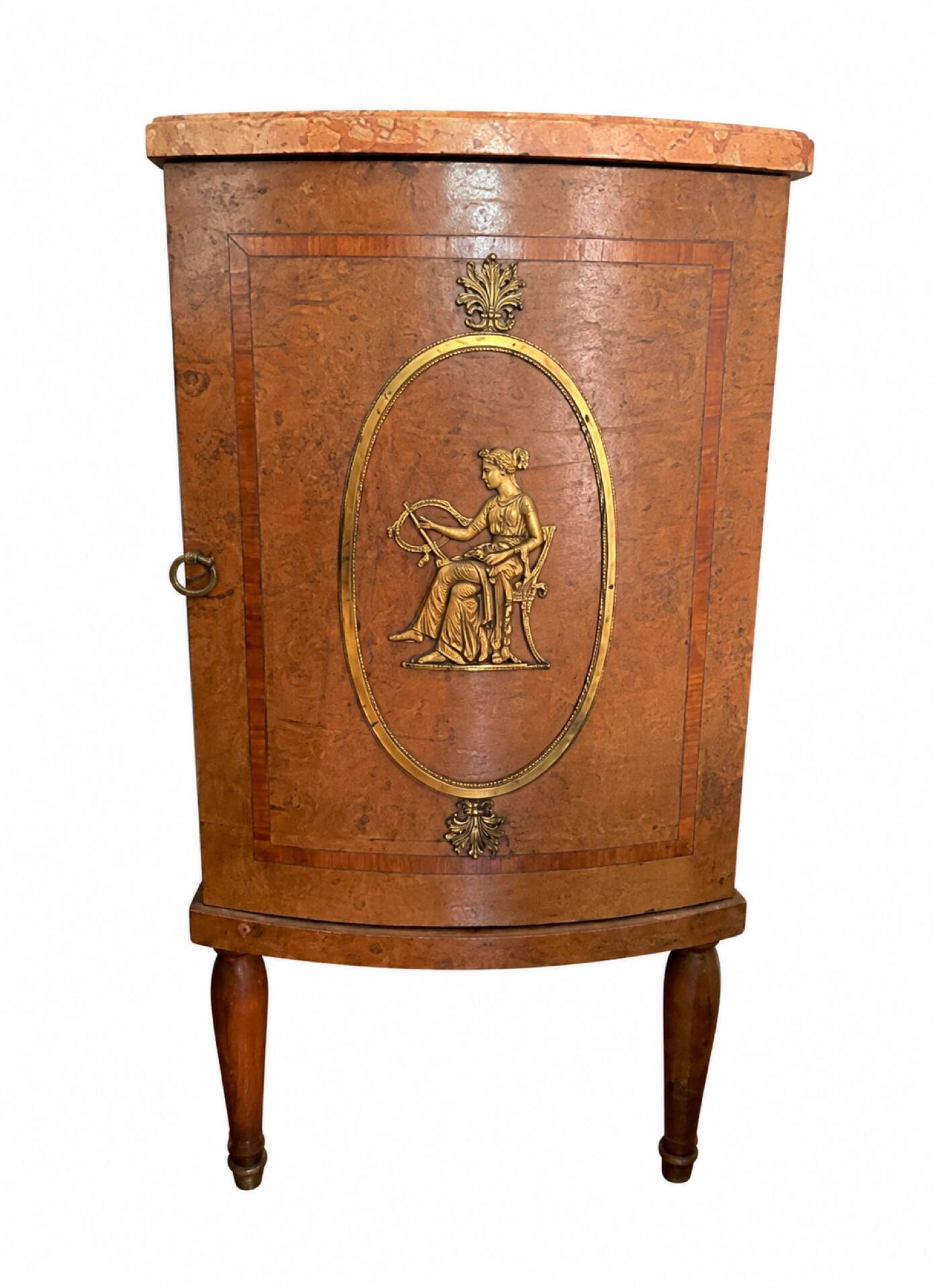 Table d'appoint loupe de bois, marqueterie, médaillon, plateau marbre
