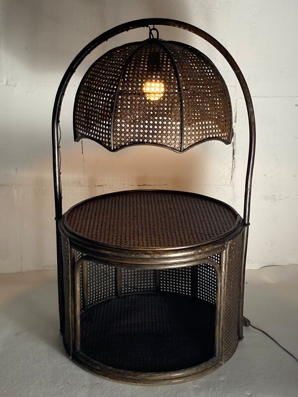 Table d’appoint en rotin en bambou avec lampe suspendue intégrée, hollandaise des années 1960-1970