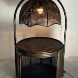 Faux bamboo rattan webbing side table with integrated hanging lamp, Dutch 1960s-1970s