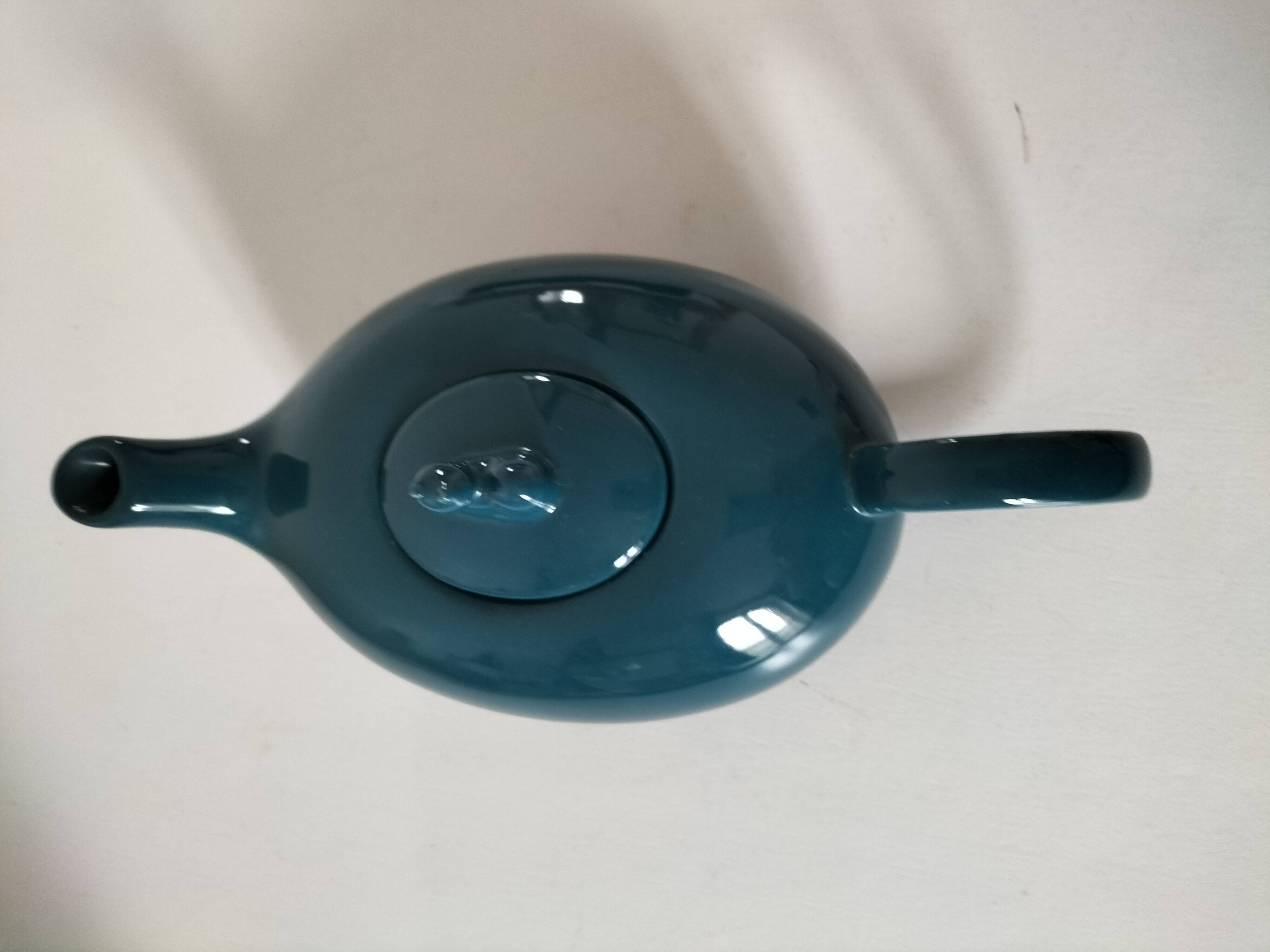 Vintage design teapot – cat model – duck blue glazed ceramic