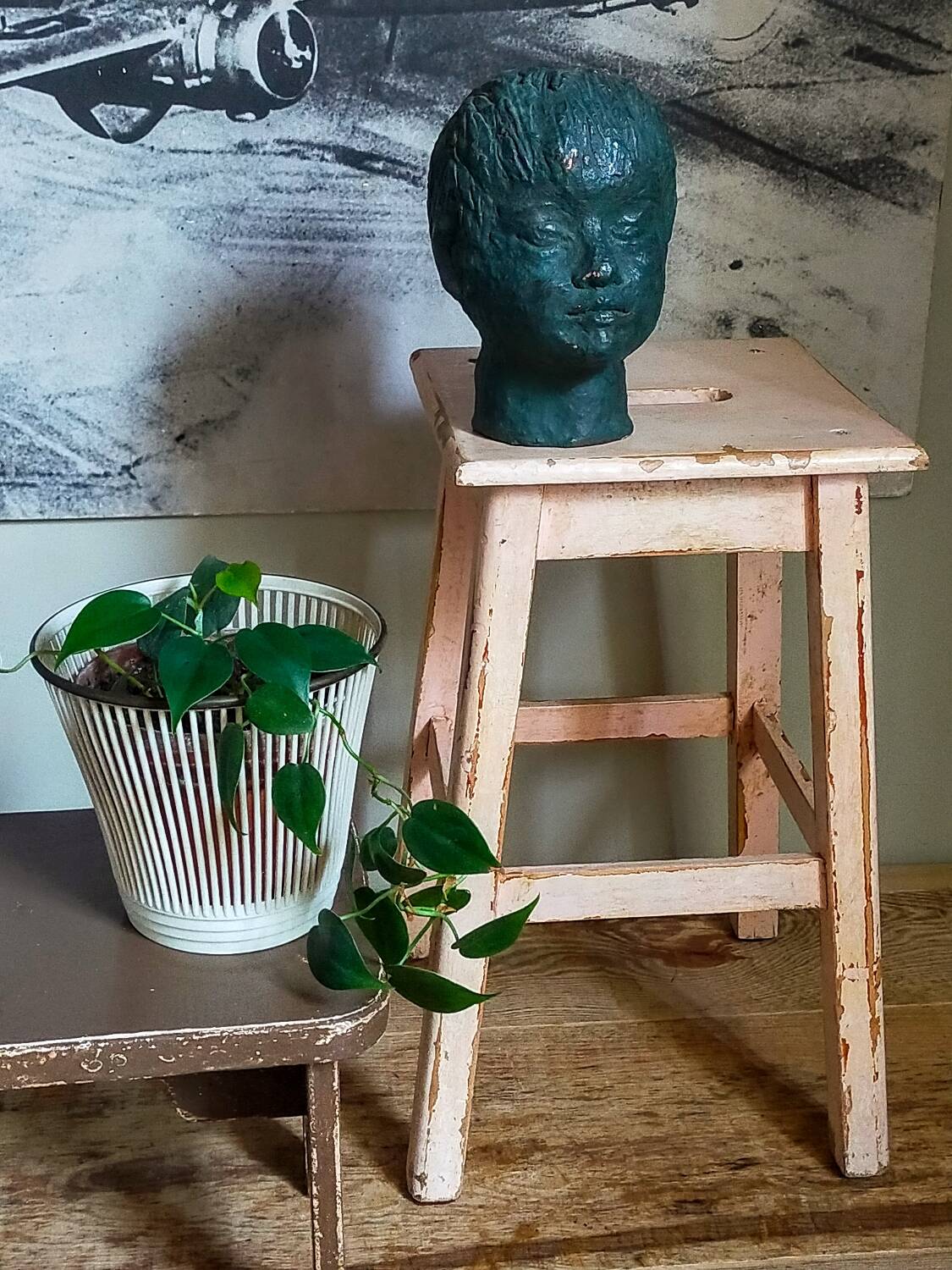 Antique workshop stool in patinated solid wood