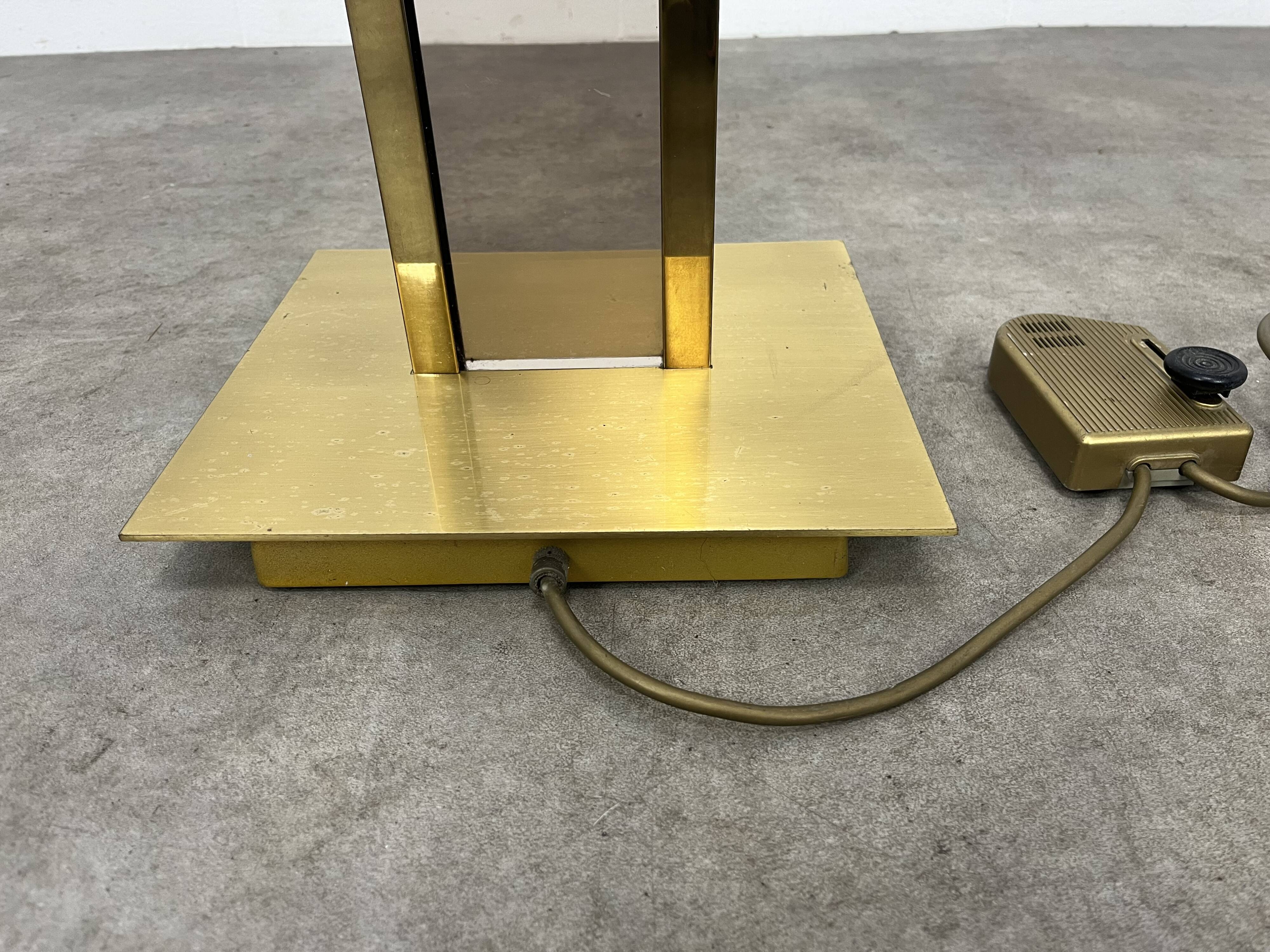 70s floor lamp in brass and smoked plexiglass, Hollywood Regency