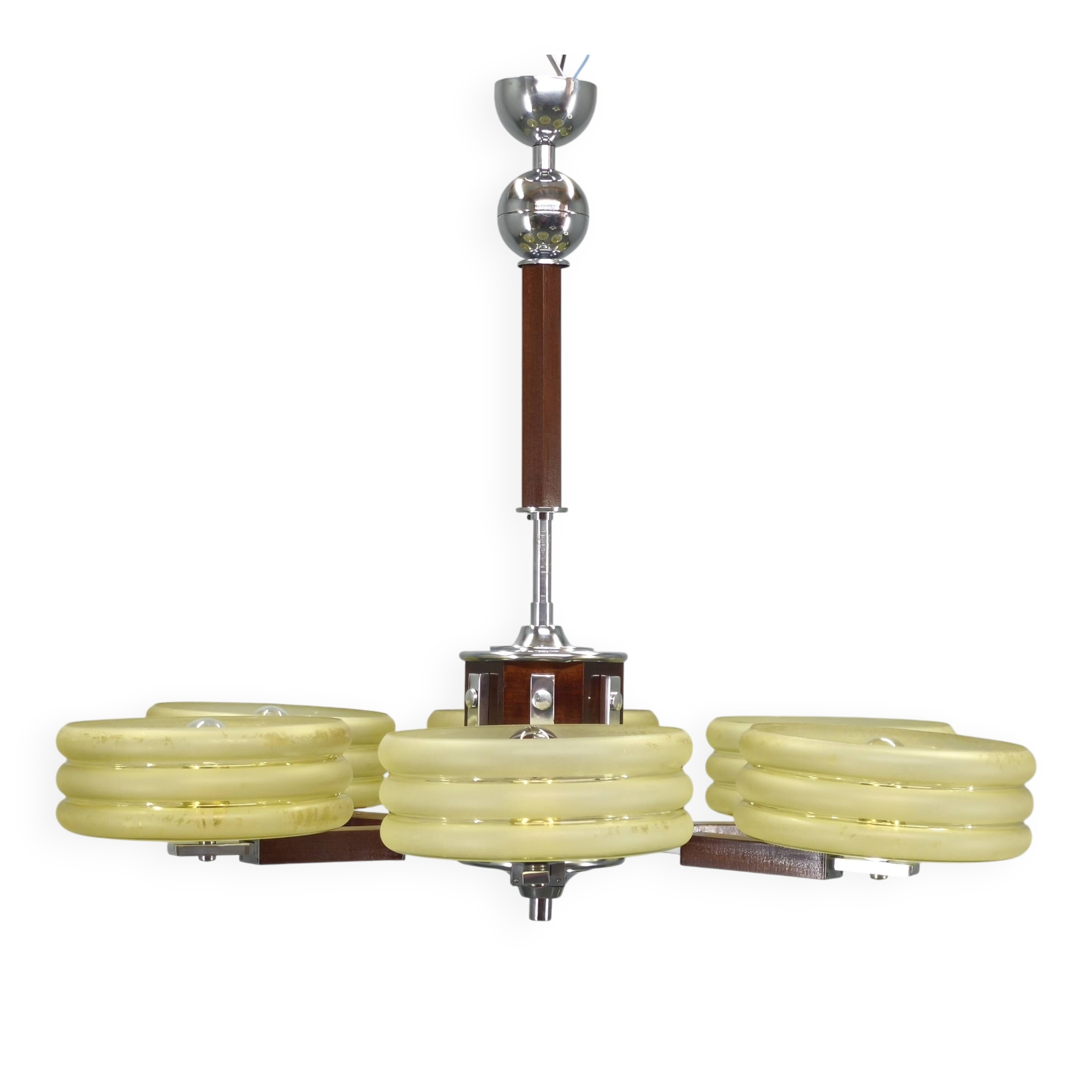 Art Deco Chrome and Walnut Chandelier, Czechoslovakia, 1930s
