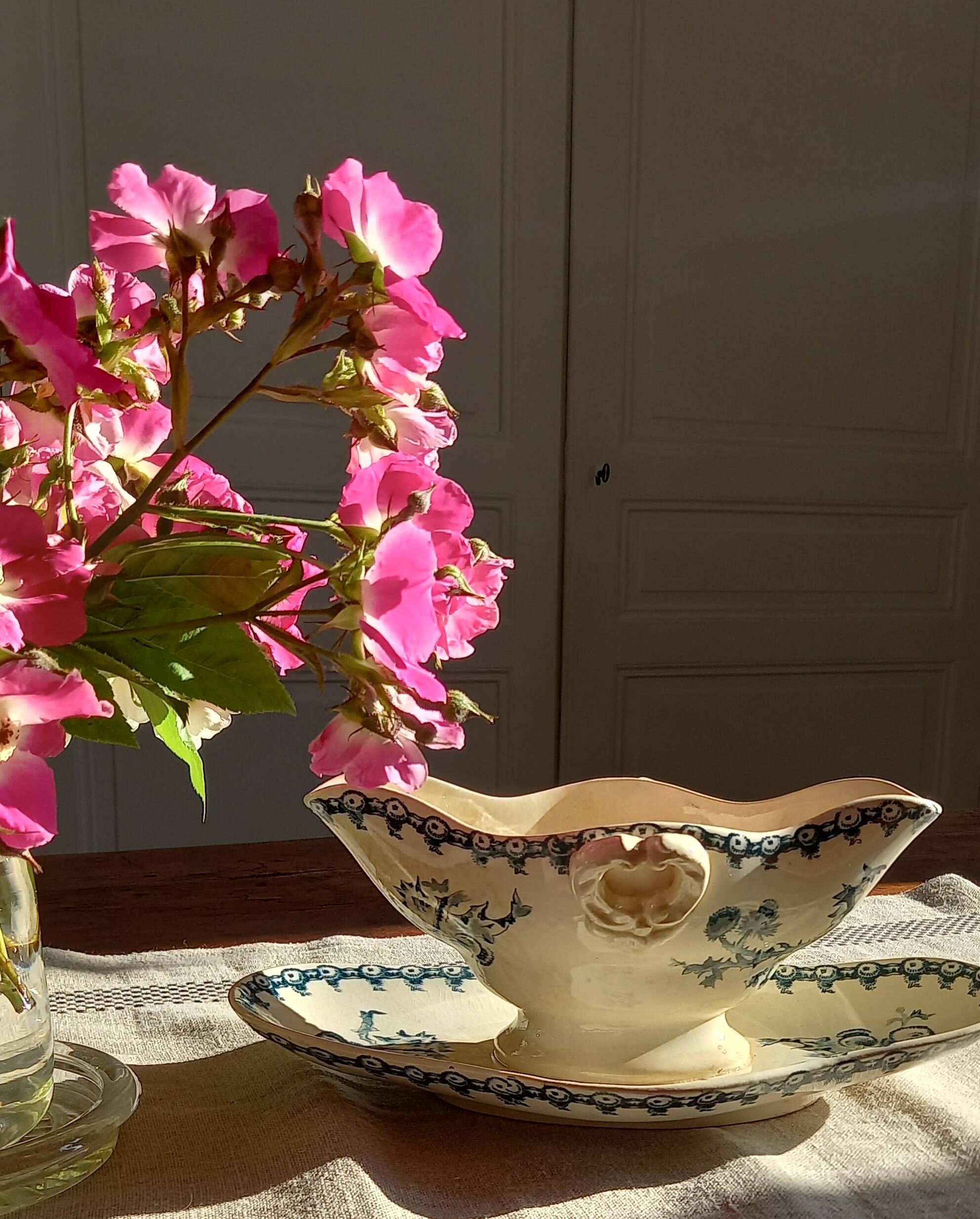 Old gravy boat on frame in terre de fer earthenware by gien, “chardons” model in blue-green