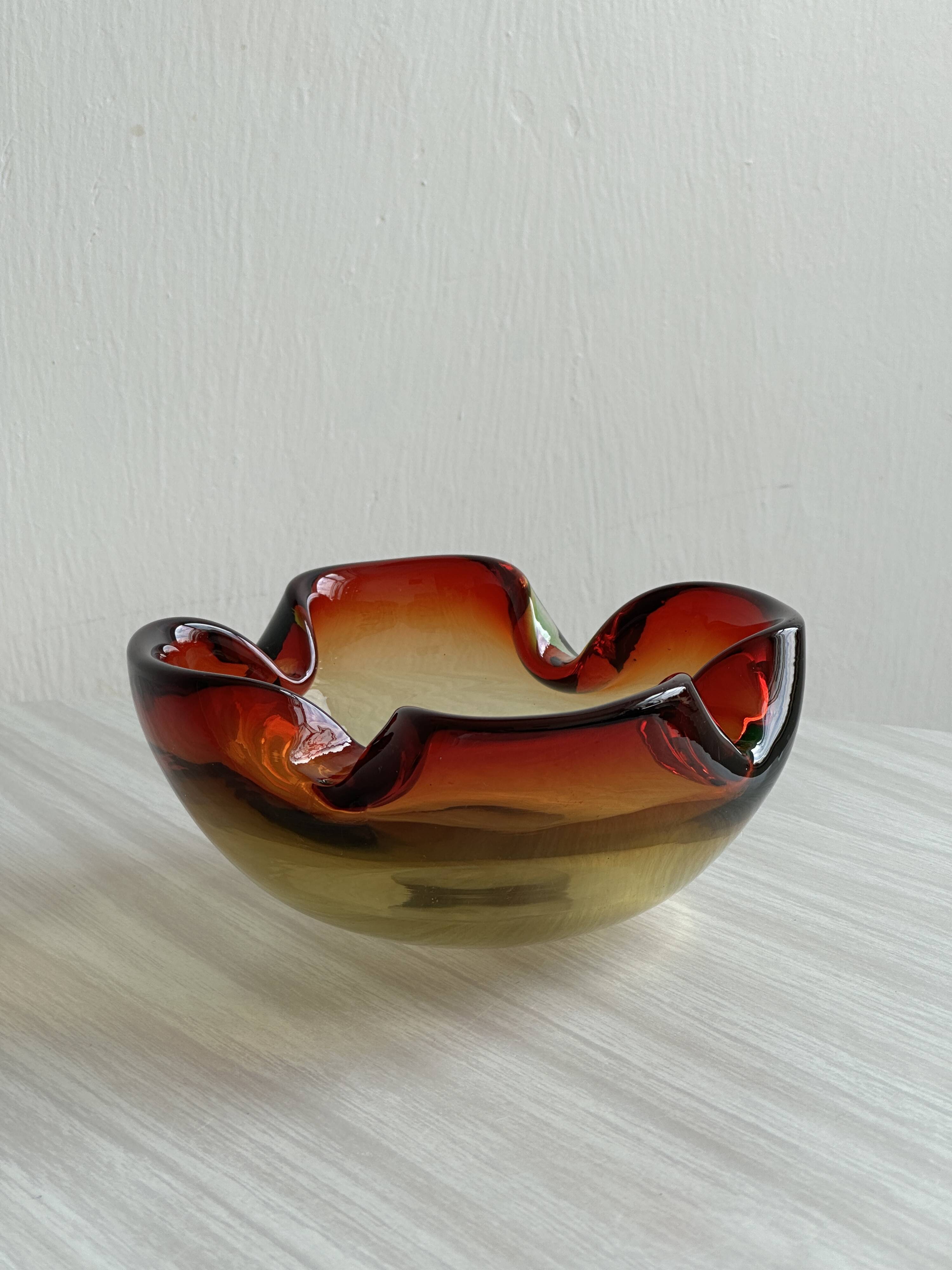Murano style blown glass cup, multi-colored red gradient ashtray