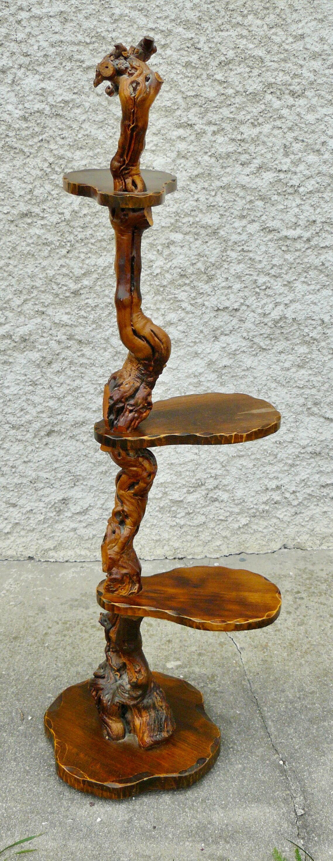 Brutalist shelf wood and vine holder vintage plant 1960
